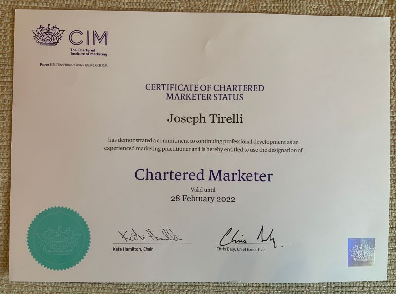 certificate to show Joseph Tirelli retains Chartered Marketer status 2022 with Chartered Institute of Marketing